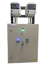 Система управления и контроля установкой насосной дозировочной изготовленная на базе шкафа управления "Гидроматик-ШУ-1112" и 2х блоков "Гидроматик-101" (вид спереди)